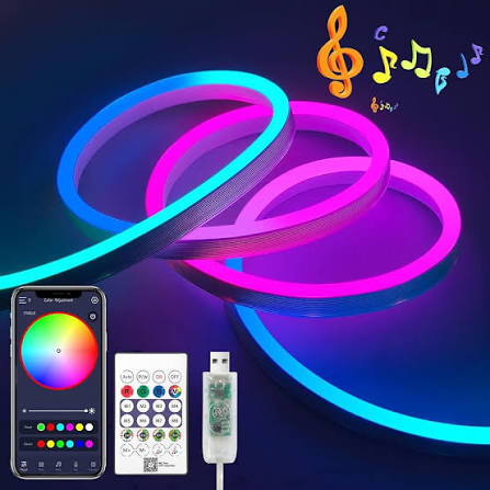 RGB-IC LED Neon Light Strip 5 Meter | RGB Magic | Music Sync | Remote, USB Connector & Clamps