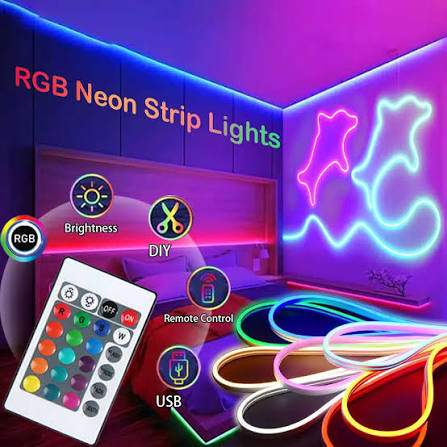 RGB-IC LED Neon Light Strip 5 Meter | RGB Magic | Music Sync | Remote, USB Connector & Clamps